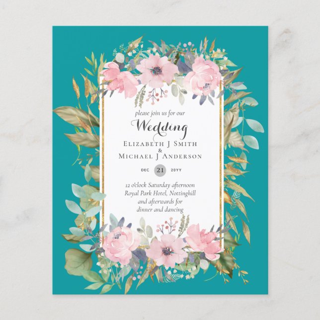 Flyer Casamento Floral Cor-de-Rosa-Esbranquiçado Cor-de- (Frente)