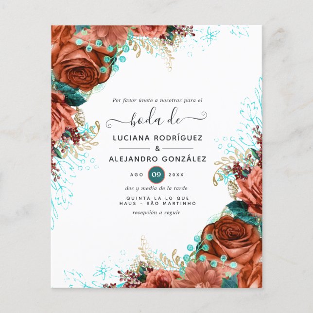 Flyer Casamento Floral Coral e Turquesa Espanhol (Frente)