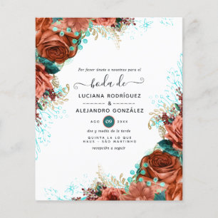 Flyer Casamento Floral Coral e Turquesa Espanhol