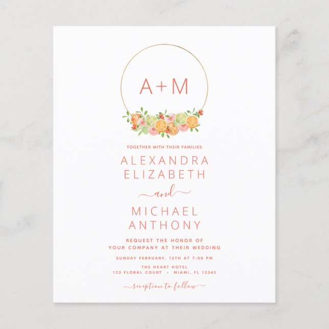 Flyer Casamento Floral de Citros Rosa-Esbranquiçados com (Frente)