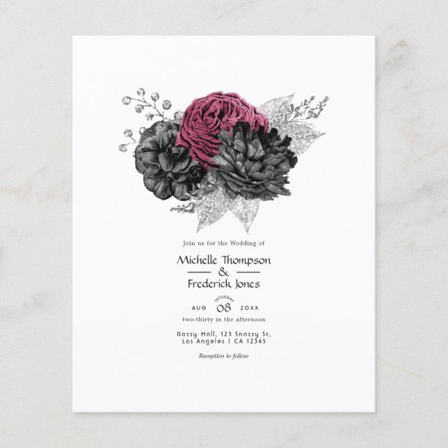 Flyer Casamento Floral de Marsala, Negra e Prata (Frente)
