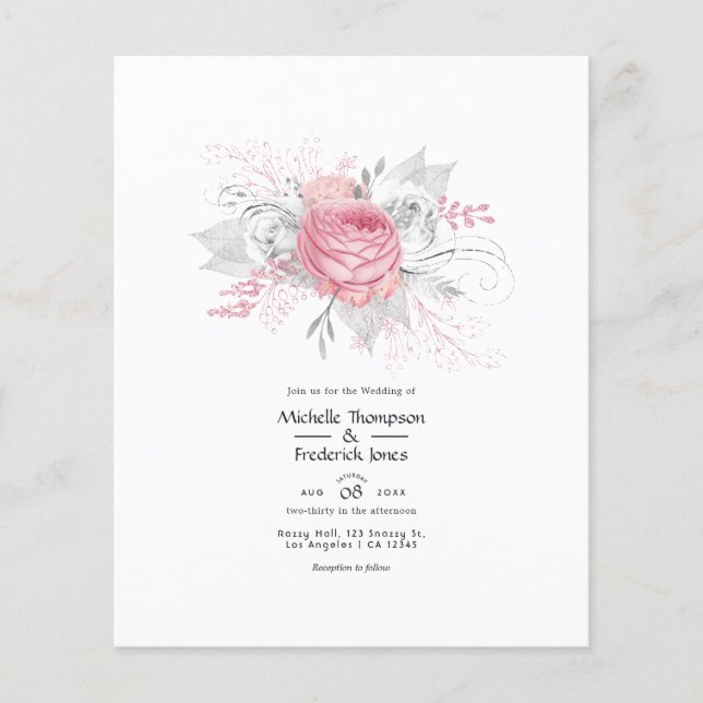 Flyer Casamento Floral de Prata de Folha Rosa e Faux (Frente)