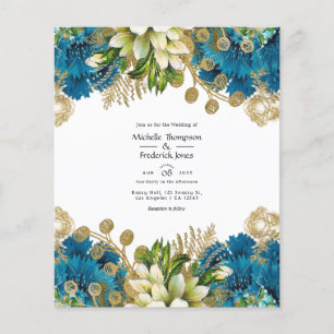 Flyer Casamento Floral Desgastado em Turquesa e Dourado