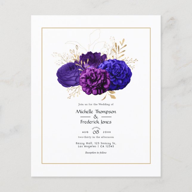 Flyer Casamento Floral Dourado, Azul Real (Frente)