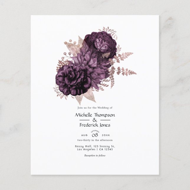 Flyer Casamento Floral Dourado e Roxo Escuro (Frente)
