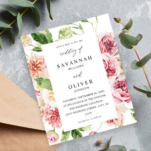 Flyer Casamento Floral e Greenery, Cor-de-rosa e Pêssego
