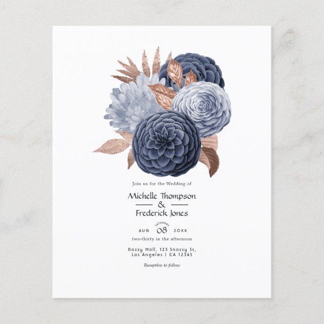 Flyer Casamento Floral em Azul Empoeirado e Dourado Rosa (Frente)