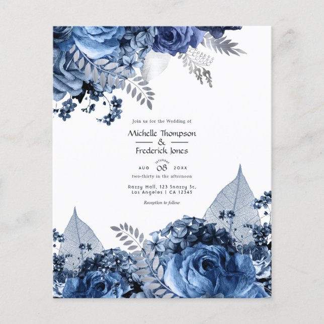 Flyer Casamento Floral em Azul Marinho e Branco com Folh (Frente)