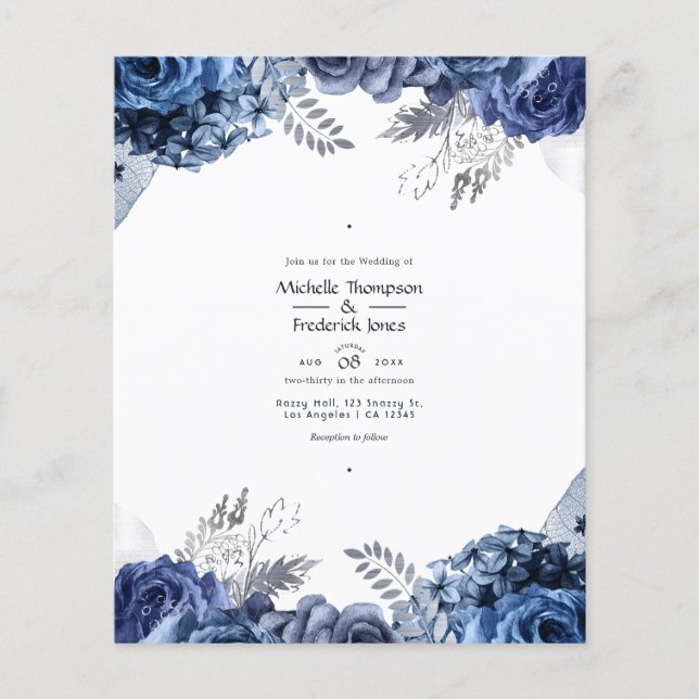 Flyer Casamento Floral em Azul Marinho e Branco com Folh (Frente)
