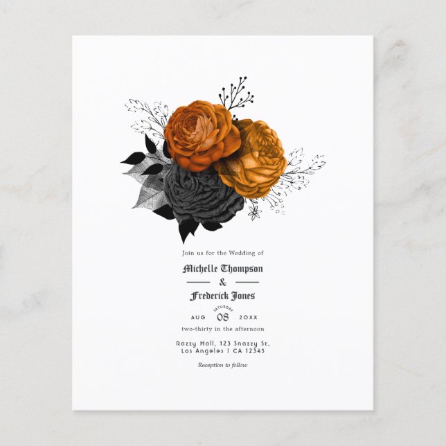 Flyer Casamento Floral Gótico Preto e Laranja (Frente)