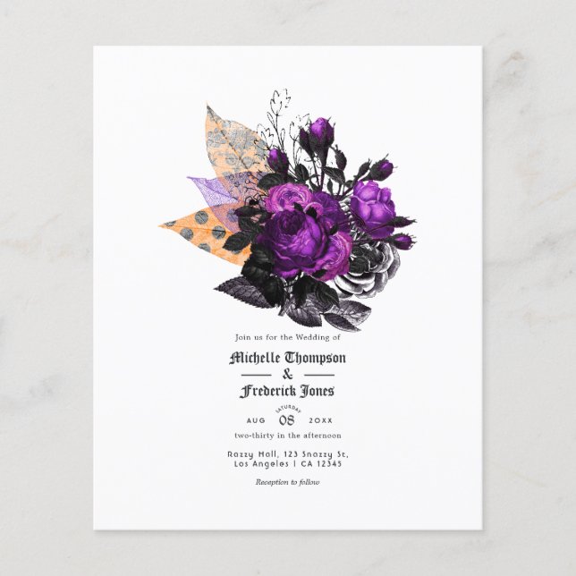 Flyer Casamento Floral Negro, Roxo e Laranja (Frente)