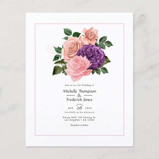 Flyer Casamento Floral Pêssego-Rosa e Lavanda Roxo (Frente)