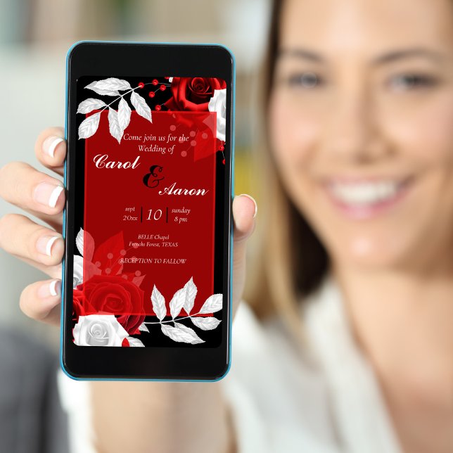 Flyer casamento floral preto, branco e vermelho (Criador carregado)