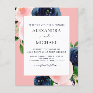 Flyer Casamento Floral Rosa Bege Azul Marinho com Orçame