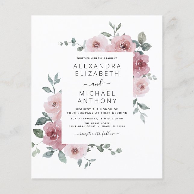 Flyer Casamento Floral Rosa Rosa-Rosa-Dusty (Frente)