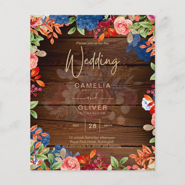 Flyer Casamento Floral Rustic Burgundy Blue (Frente)