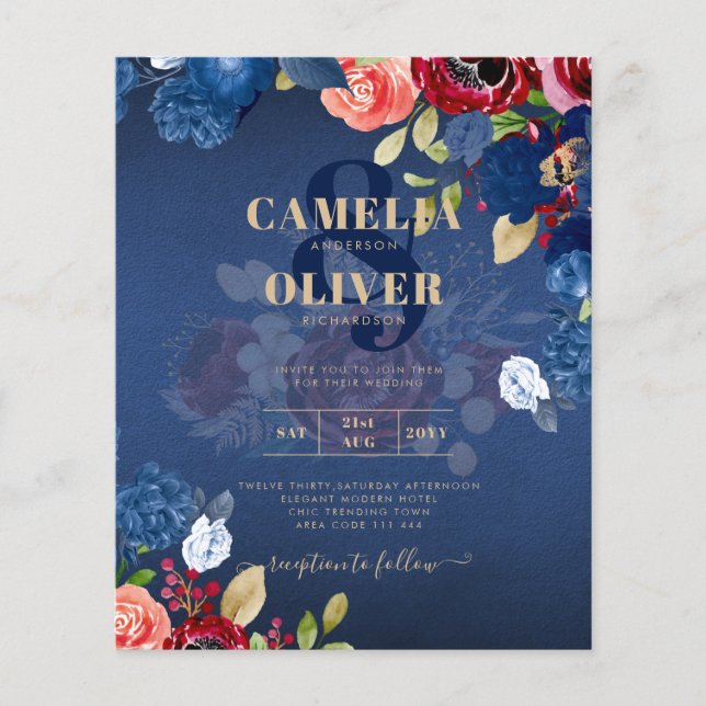 Flyer Casamento Floral Rustic Burgundy Blue (Frente)