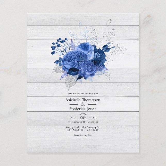Flyer Casamento Floral Rústico Azul Real e Prata (Frente)