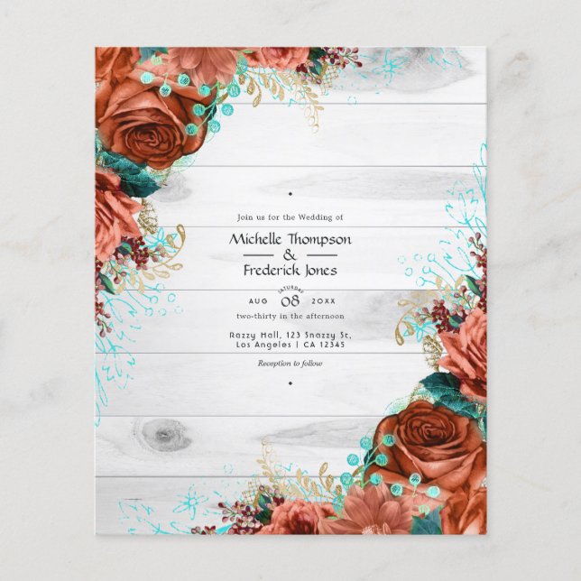 Flyer Casamento Floral Rústico em Coral e Azul Turquesa  (Frente)