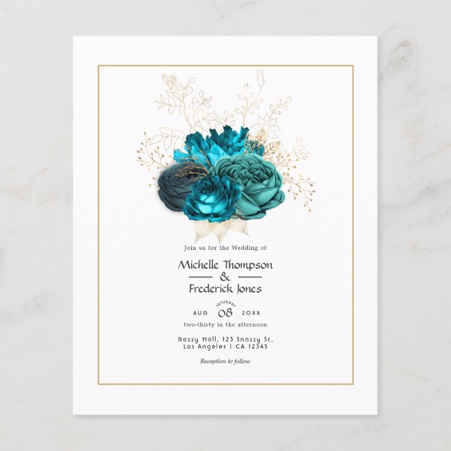 Flyer Casamento Floral Turquesa e Dourado (Frente)