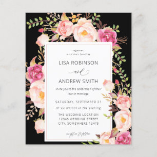 Flyer Casamento Floral V3 Preto com Blush Cor-de-Rosa Or