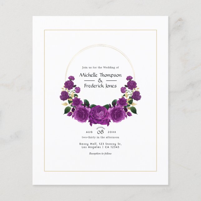 Flyer Casamento Floral Vintage Dourado e Roxo (Frente)