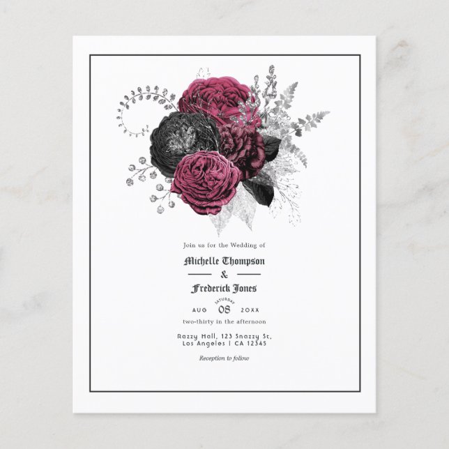 Flyer Casamento Gótico Floral de Marsala, Negra e Prata (Frente)