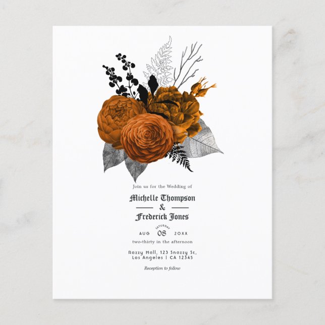 Flyer Casamento Gótico Floral Preto e Laranja (Frente)