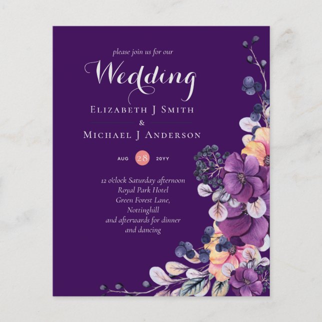Flyer Casamento Laranja De Púrpura Floral Elegante (Frente)