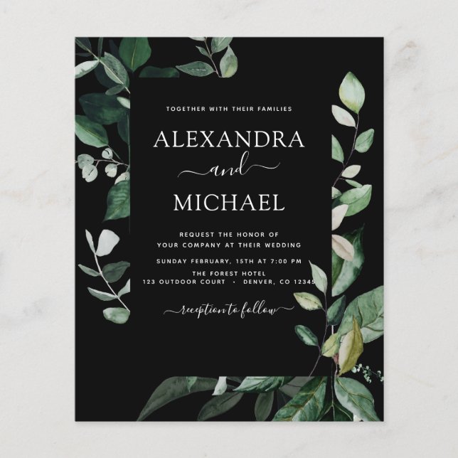 Flyer Casamento Preto Verde Botânico de Orçamento (Frente)