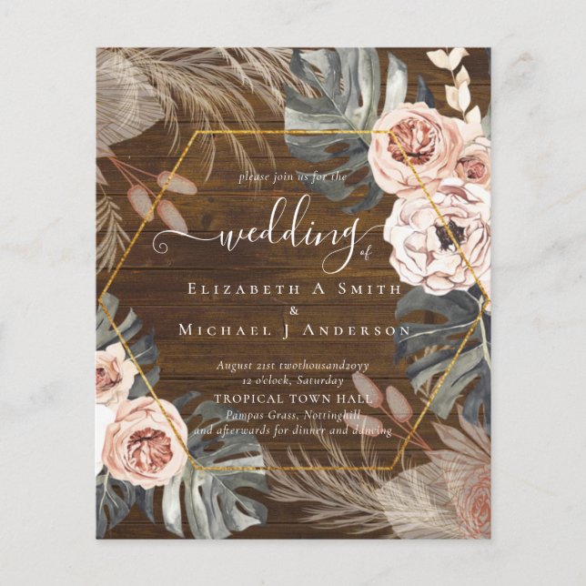 Flyer Casamento TROPICAL GRASS PAMPAS de baixo custo (Frente)