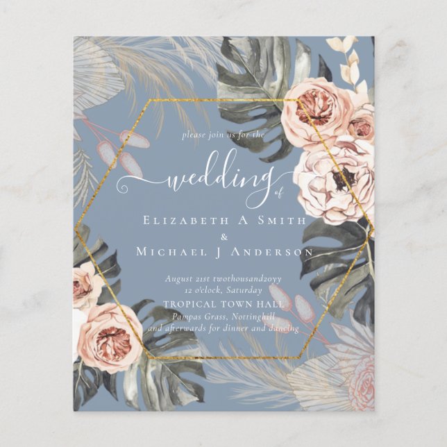 Flyer Casamento TROPICAL GRASS PAMPAS de baixo custo (Frente)