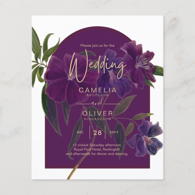 Flyer Casamento Verde da Floresta Floral de Plum Purple (Frente)