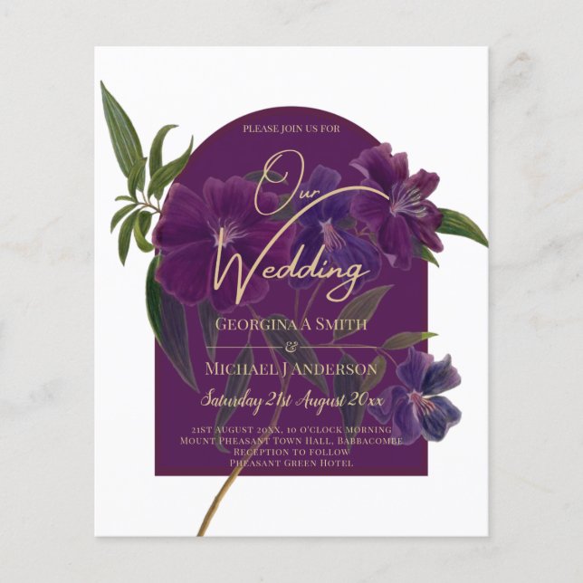 Flyer Casamento Verde da Floresta Floral de Plum Purple (Frente)