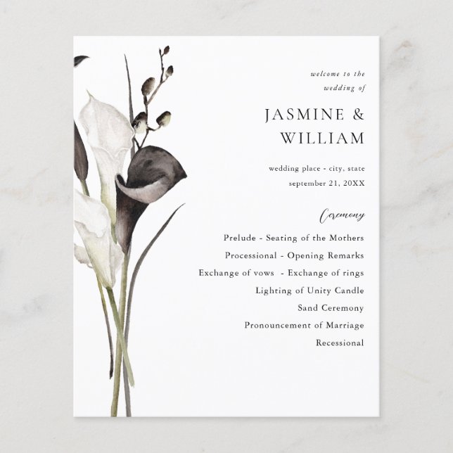 Flyer Cerimônia de Casamento Floral Preto e Branco (Frente)
