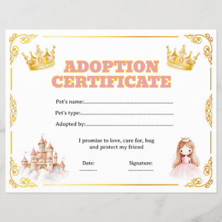 Flyer certificado de adoção de boneca princesa editável