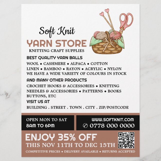 Flyer Cesto de tricô, Loja de tricô, Loja de Yarn (Frente)