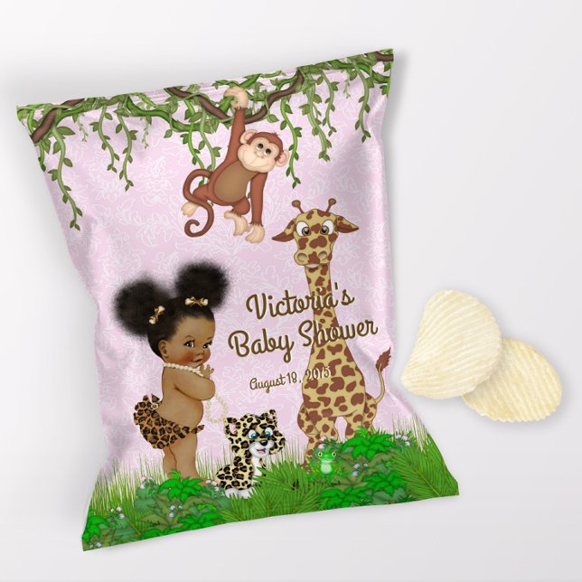 Flyer Chá de fraldas Afro Baby Girl Safari (1 ounce snack bag wrapper flyer. )