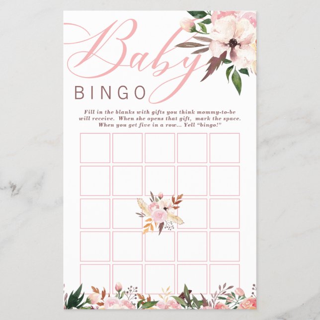 Flyer Chá de fraldas Bingo, Boho com Flores (Frente)