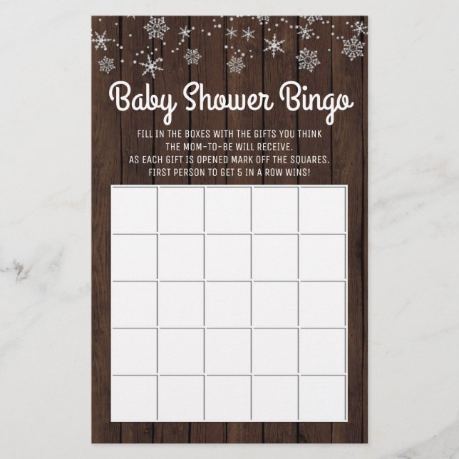 Flyer Chá de fraldas Bingo Rustic Snowflake Baby Bingo C (Frente)
