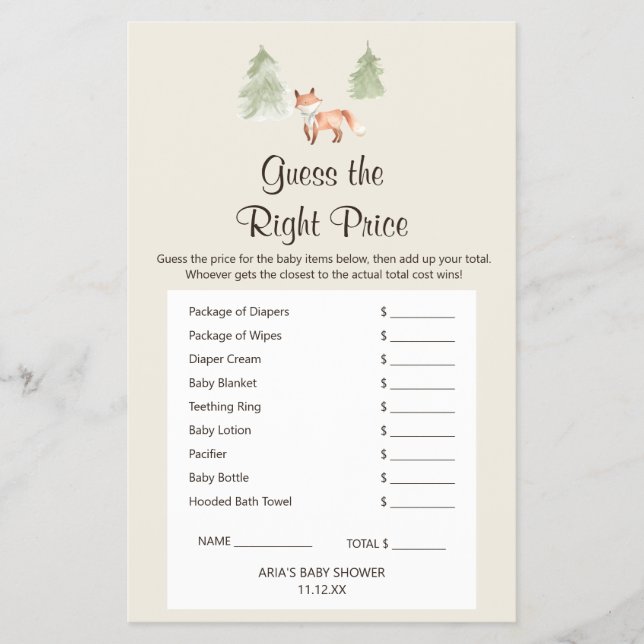 Flyer Chá de fraldas Da Woodland Fox Adivinha O Jogo De  (Frente)