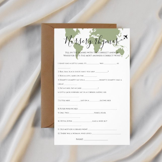 Flyer Chá de fraldas de Mapa do Mundo do Viagem de Teste (nursery rhymes quiz world map travel themed baby shower)