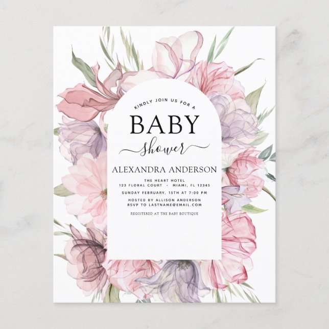 Flyer Chá de fraldas de orçamento Boho Rosa Dusty Púrpur (Frente)