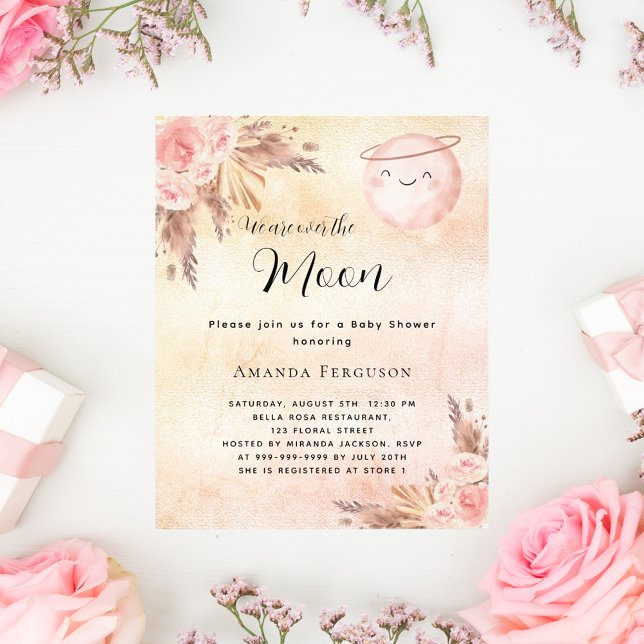Flyer Chá de fraldas lua pampas blush convite orçamentár (Criador carregado)