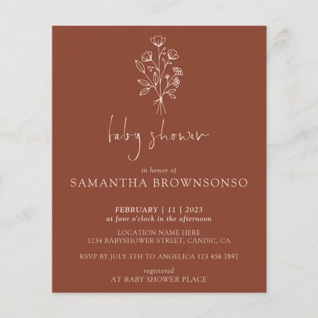 Flyer Chá de fraldas Orçamental do Buquê Floral Terracot (Frente)