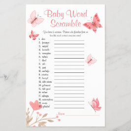 Flyer Chá de fraldas Palavra Escramble Game Pink Butflie