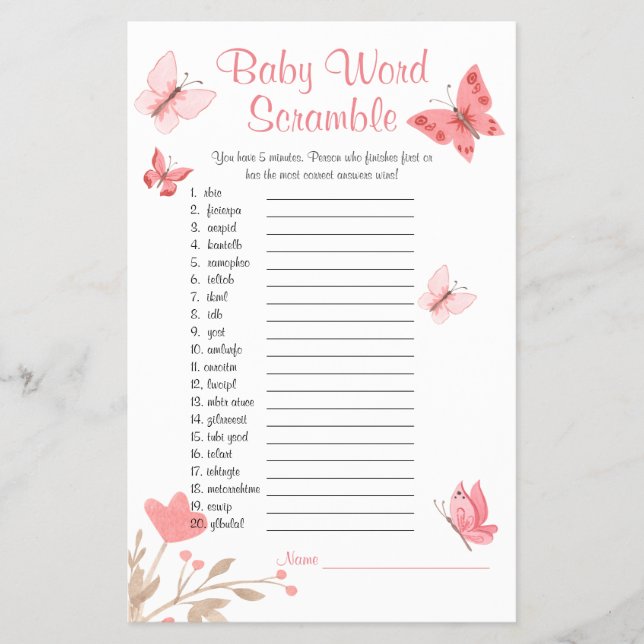 Flyer Chá de fraldas Palavra Escramble Game Pink Butflie (Frente)