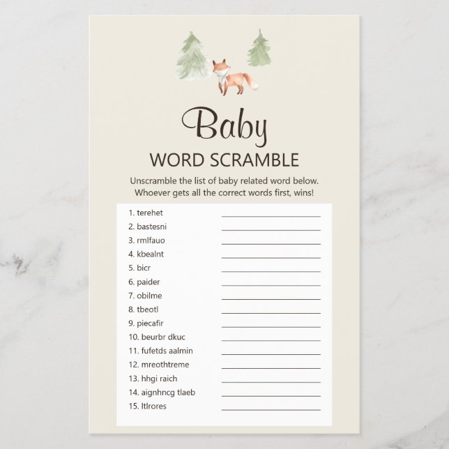 Flyer Chá de fraldas Woodland Fox Baby Word Scramble (Frente)