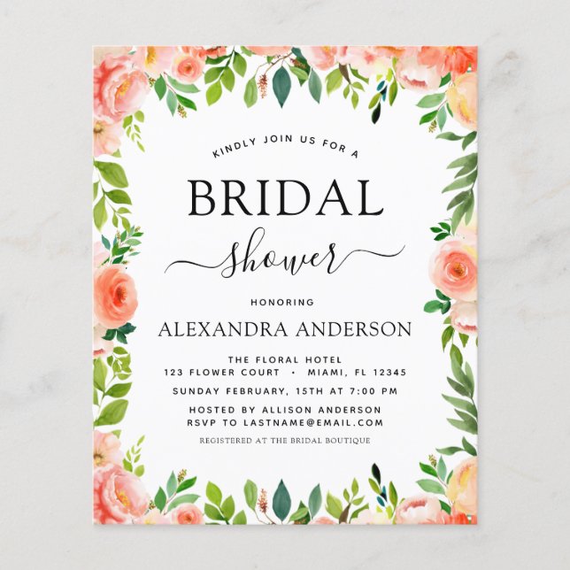 Flyer Chá de panela Coral de Orçamento Convite Floral (Frente)