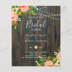 Flyer Chá de panela De Casamento Floral Rustic Wood Pink